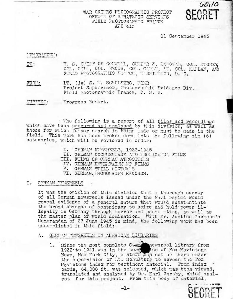  First page of S.W. (Budd) Schulberg's Report to his OSS superiors, September 11, 1945.